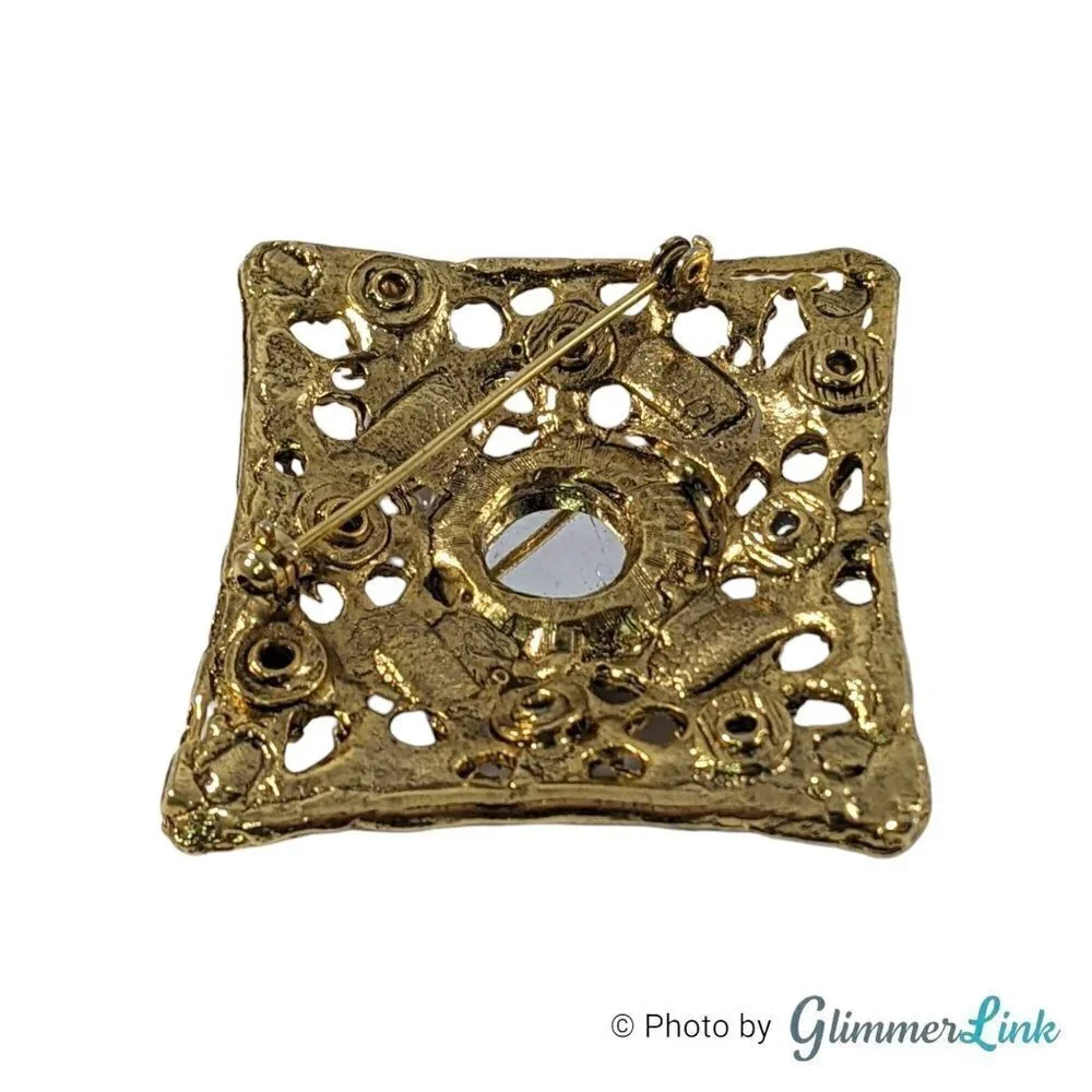 Vintage Multicolor Square Filigree Gold Tone Brooch Pin